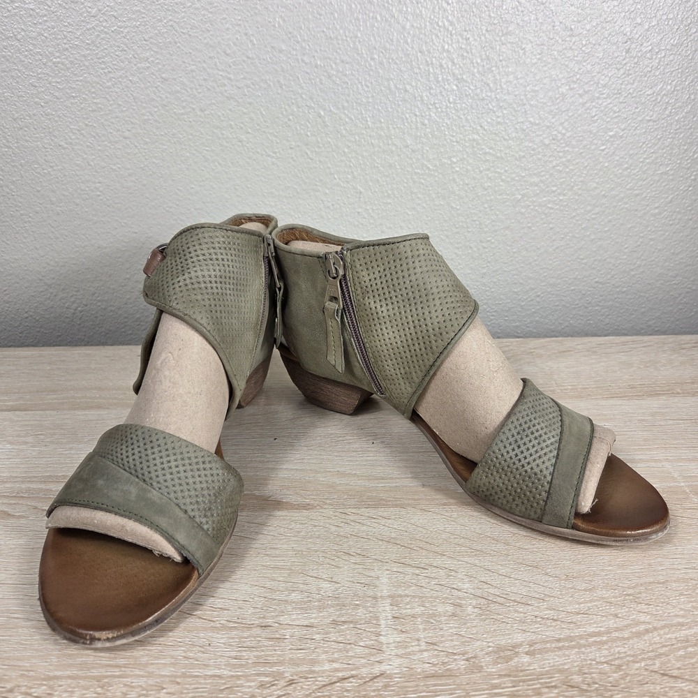 Miz Mooz Olive Green‎ Leather Sandals Size 41 Perforated Side Zip Block Heel